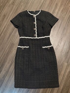 Ann Taylor Black Tweed Mini Dress with Cream Contrast Trim